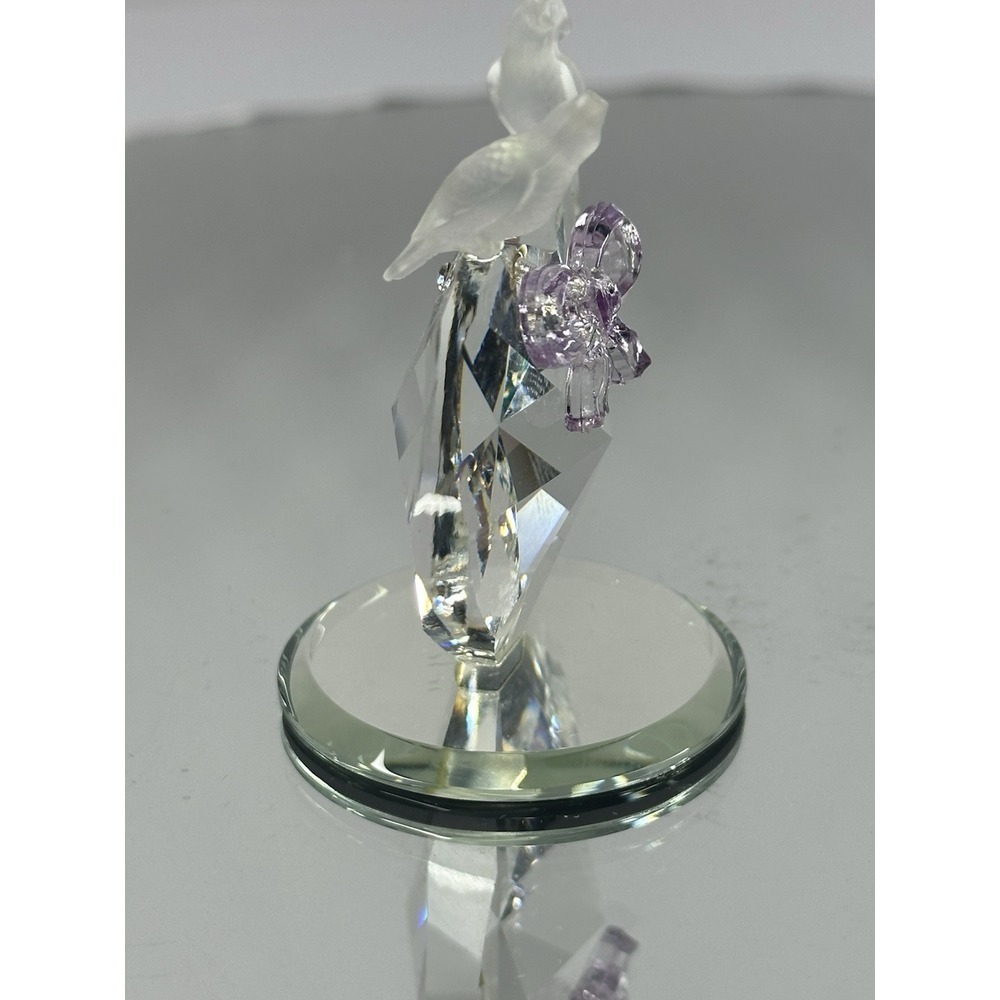 Crystal Heart & Doves Figurine On Mirror Base 2" Tall Vintage - Picture 4 of 6